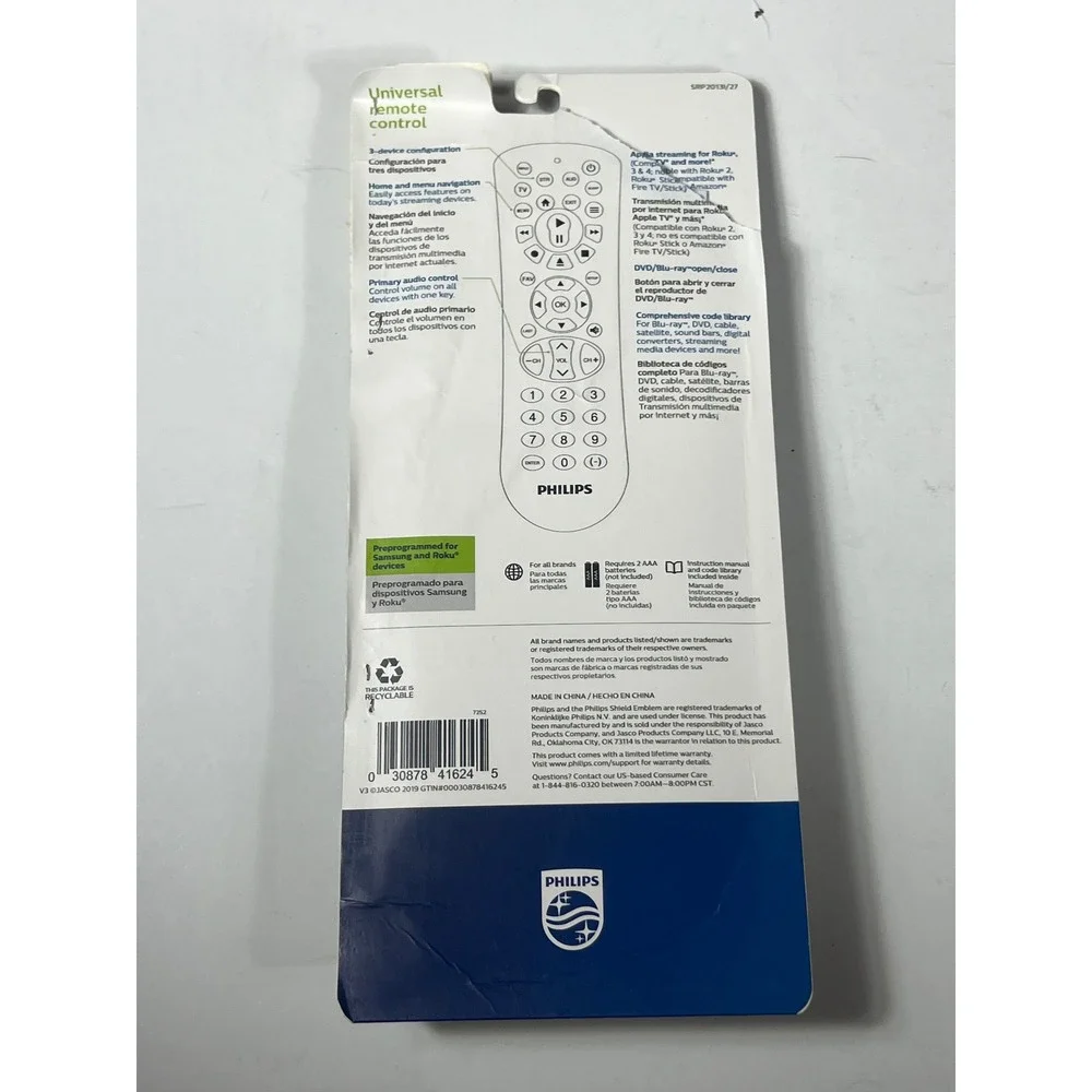 Philips Universal Remote Control 3 Device Audio Video Preprogrammed Samsung Roku